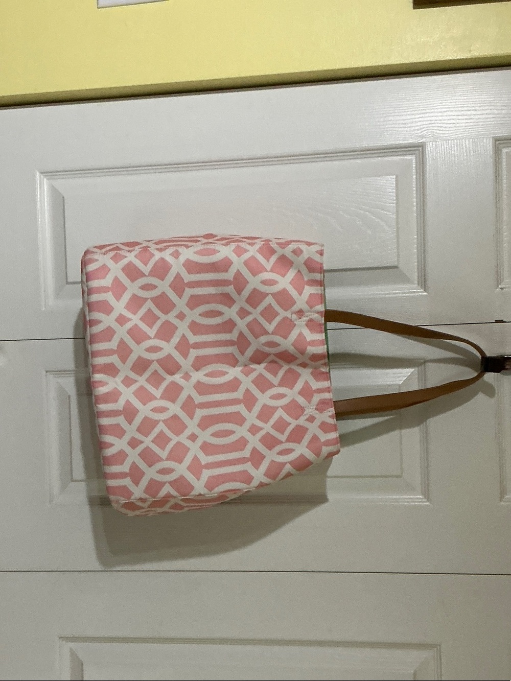 Pink Geometric Tote Bag with Tan Shoulder Straps